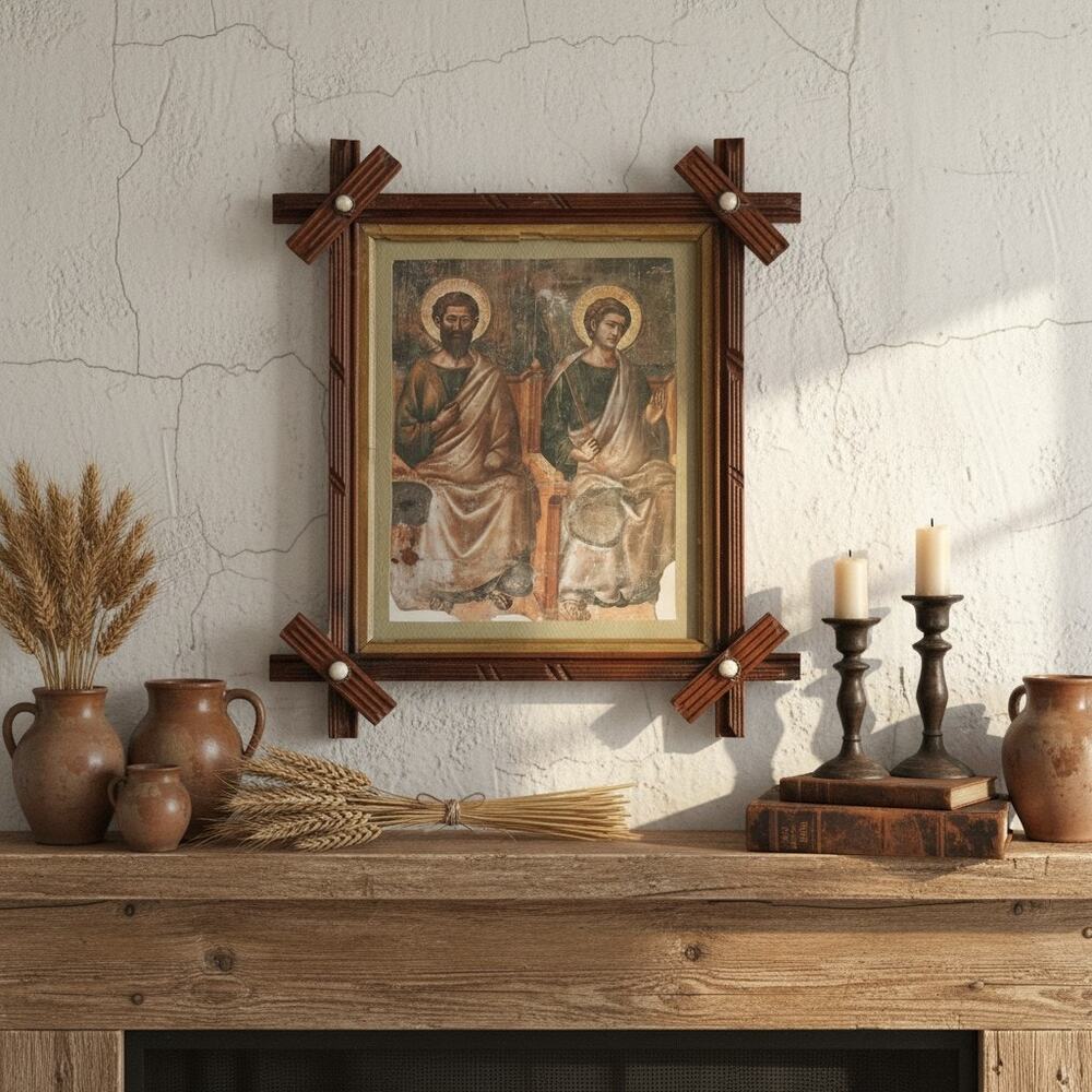 Antique Adirondack Folk Art Frame-Porcelain Buttons-Religious Wall Decor-Gothic